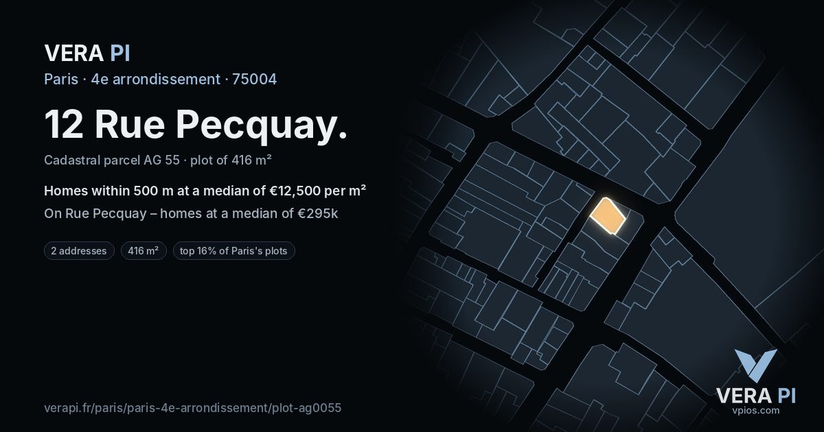 12 Rue Pecquay, 4e arrondissement at night – the plot lit, the parcels around coloured by the prices near them