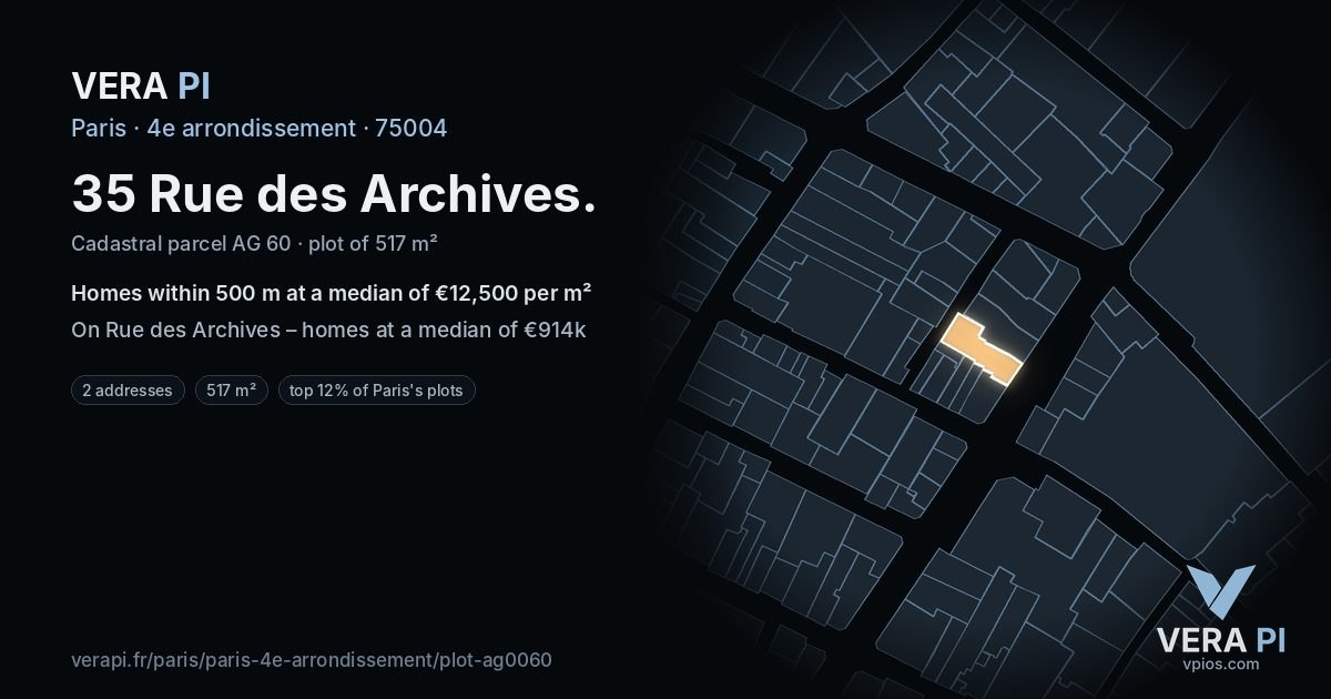 35 Rue des Archives, 4e arrondissement at night – the plot lit, the parcels around coloured by the prices near them