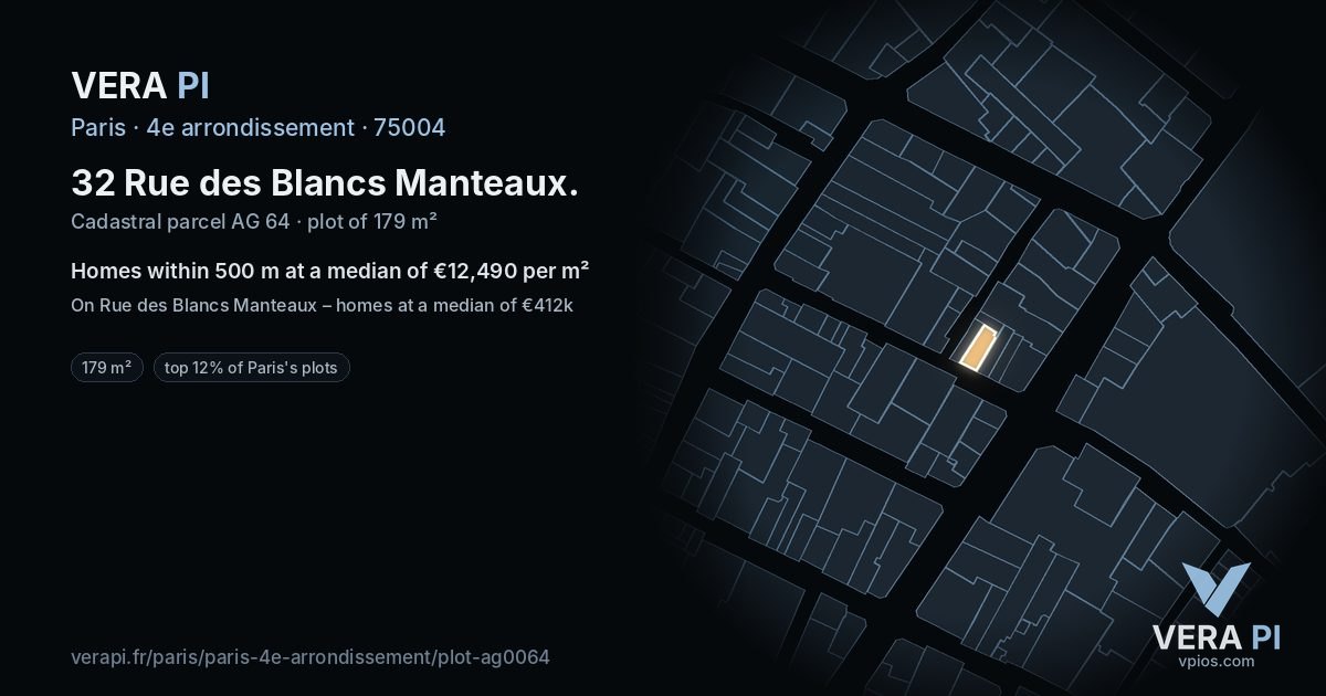 32 Rue des Blancs Manteaux, 4e arrondissement at night – the plot lit, the parcels around coloured by the prices near them