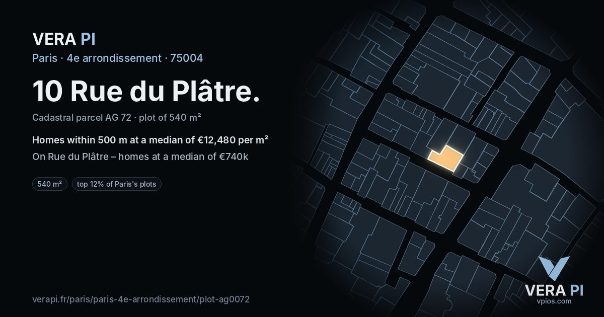 10 Rue du Plâtre, 4e arrondissement at night – the plot lit, the parcels around coloured by the prices near them