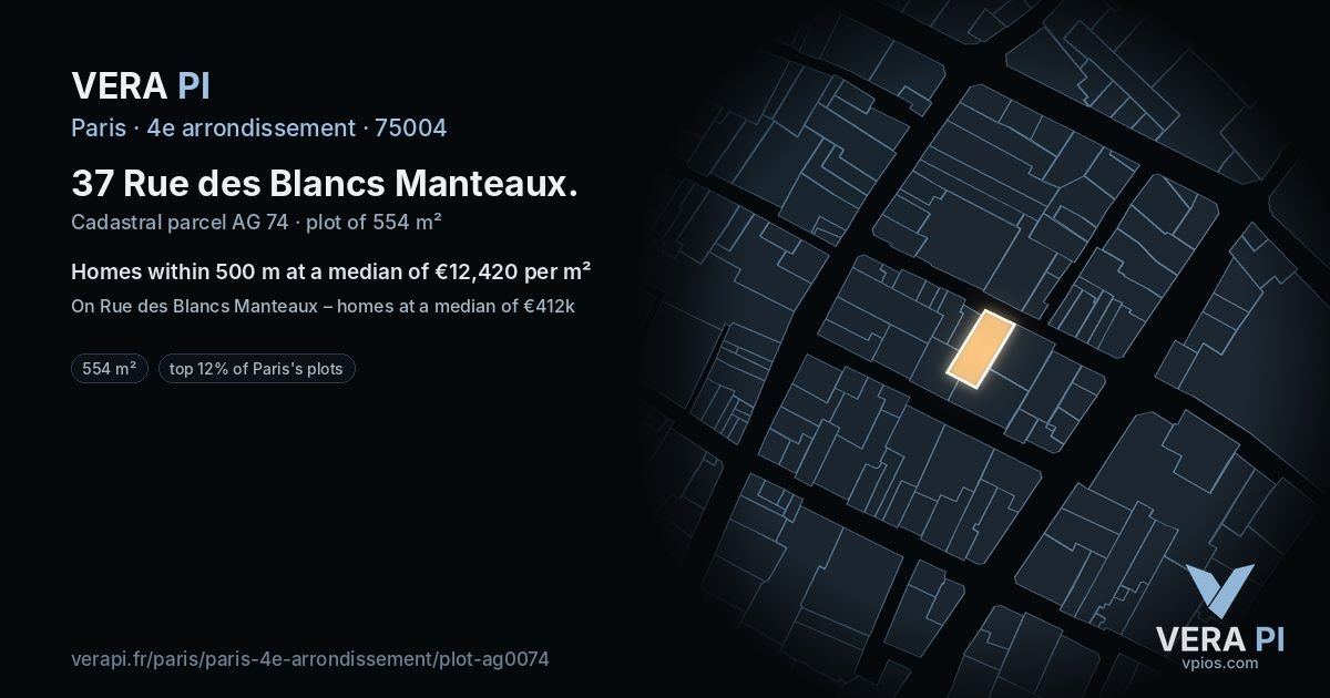 37 Rue des Blancs Manteaux, 4e arrondissement at night – the plot lit, the parcels around coloured by the prices near them