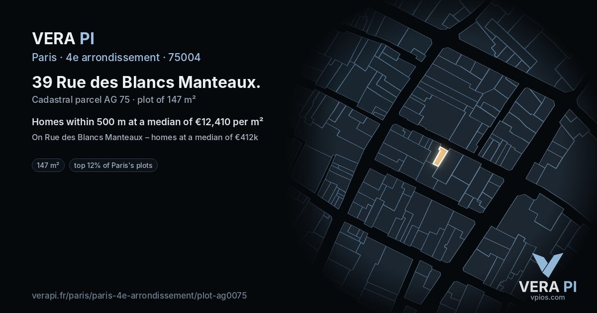 39 Rue des Blancs Manteaux, 4e arrondissement at night – the plot lit, the parcels around coloured by the prices near them