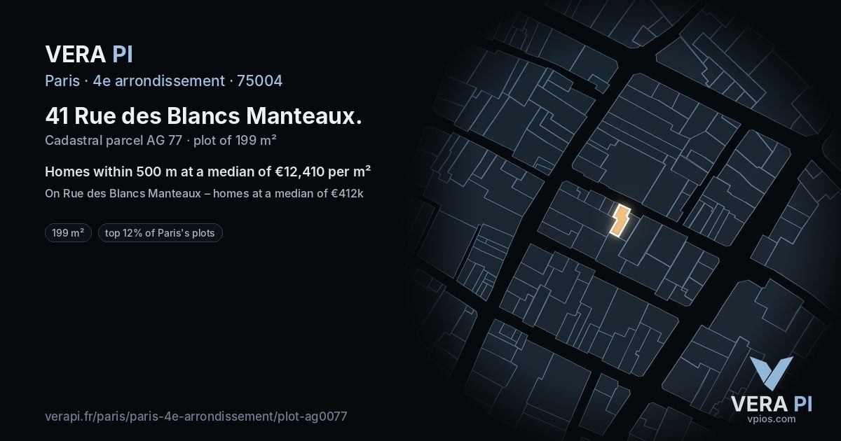 41 Rue des Blancs Manteaux, 4e arrondissement at night – the plot lit, the parcels around coloured by the prices near them