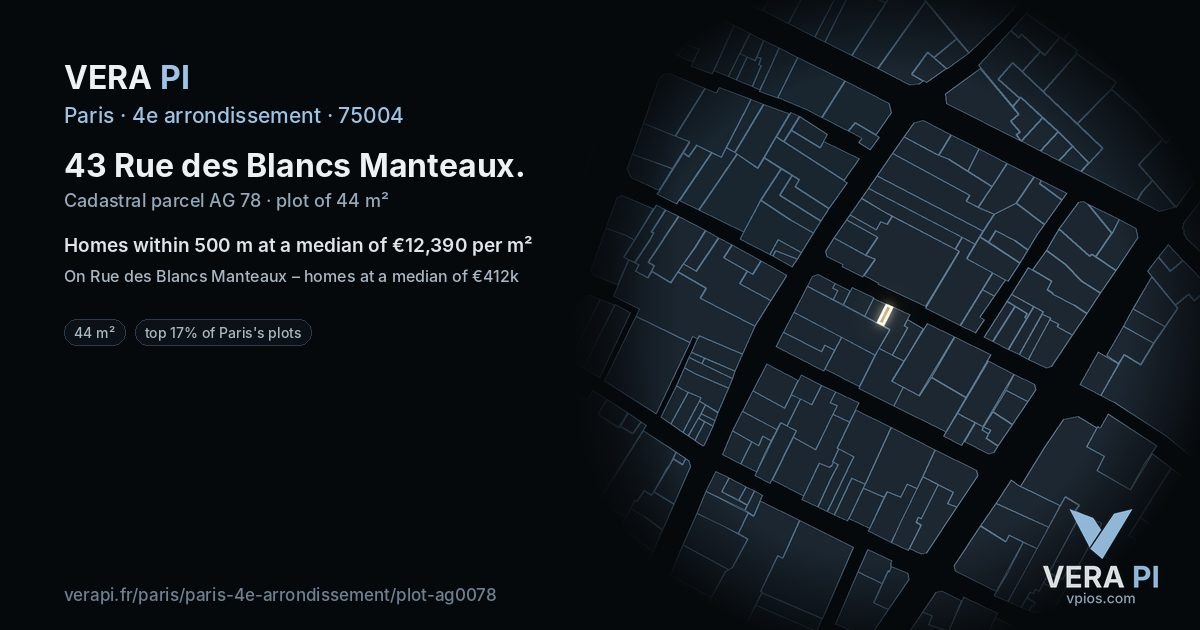 43 Rue des Blancs Manteaux, 4e arrondissement at night – the plot lit, the parcels around coloured by the prices near them