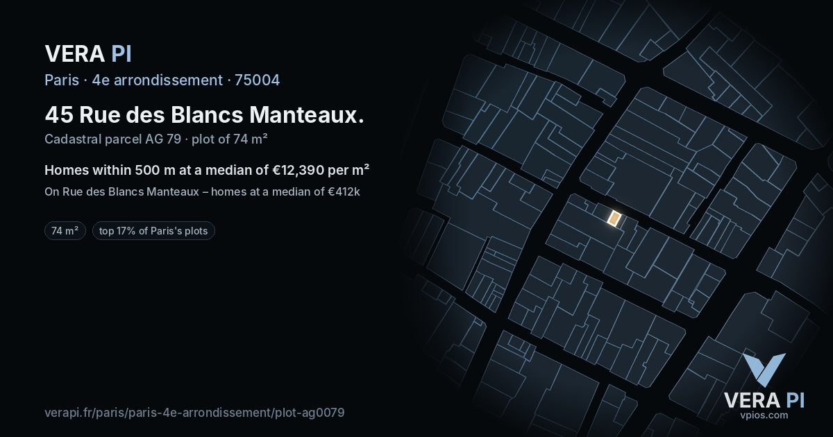45 Rue des Blancs Manteaux, 4e arrondissement at night – the plot lit, the parcels around coloured by the prices near them