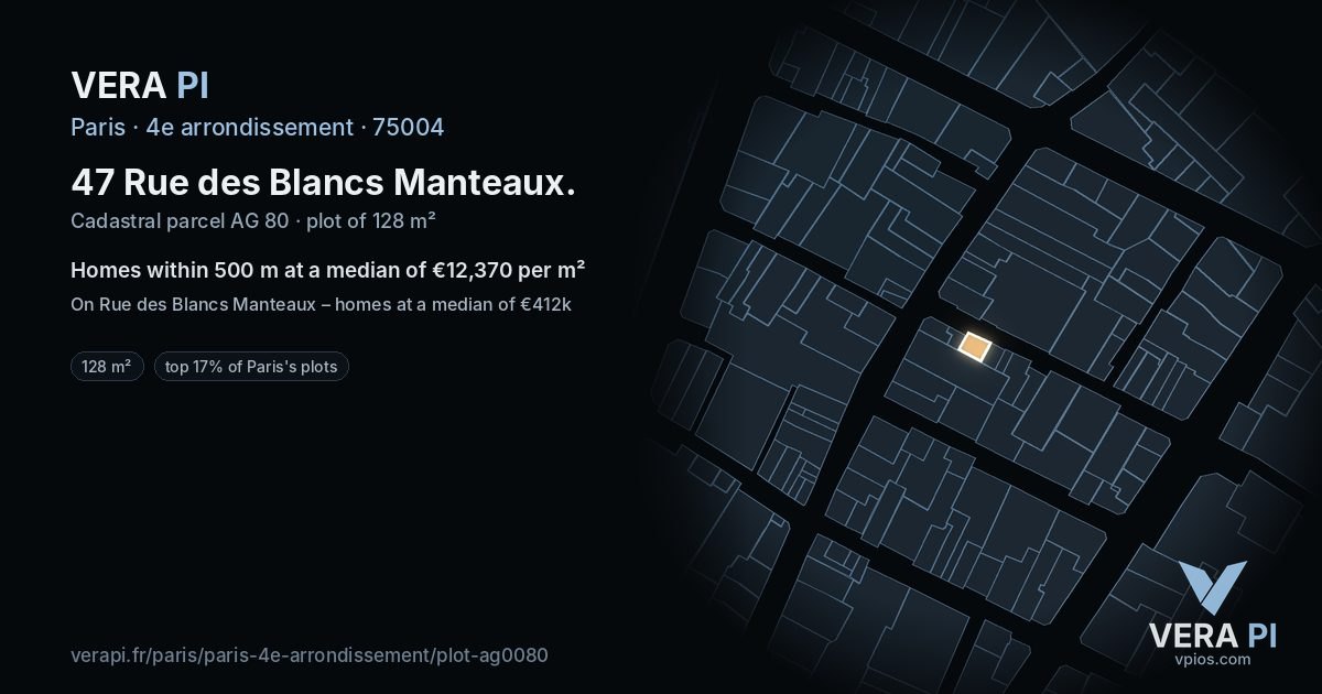 47 Rue des Blancs Manteaux, 4e arrondissement at night – the plot lit, the parcels around coloured by the prices near them