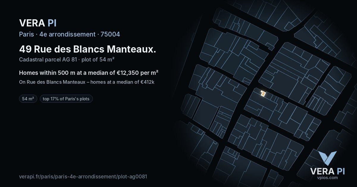 49 Rue des Blancs Manteaux, 4e arrondissement at night – the plot lit, the parcels around coloured by the prices near them