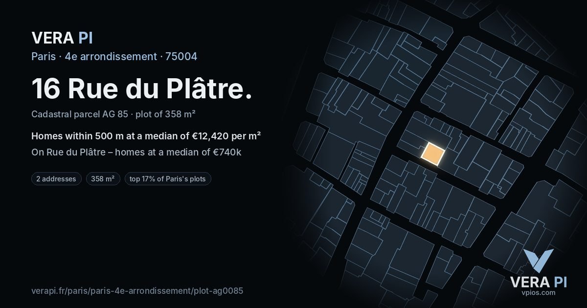 16 Rue du Plâtre, 4e arrondissement at night – the plot lit, the parcels around coloured by the prices near them