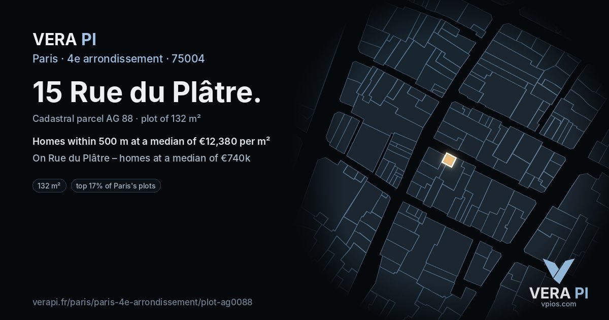 15 Rue du Plâtre, 4e arrondissement at night – the plot lit, the parcels around coloured by the prices near them