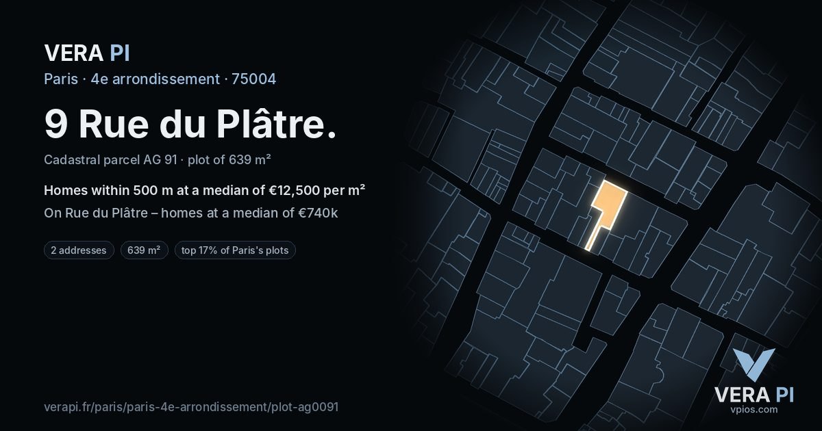 9 Rue du Plâtre, 4e arrondissement at night – the plot lit, the parcels around coloured by the prices near them