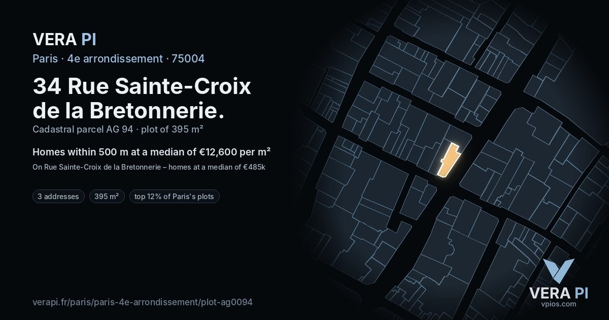 34 Rue Sainte-Croix de la Bretonnerie, 4e arrondissement at night – the plot lit, the parcels around coloured by the prices near them