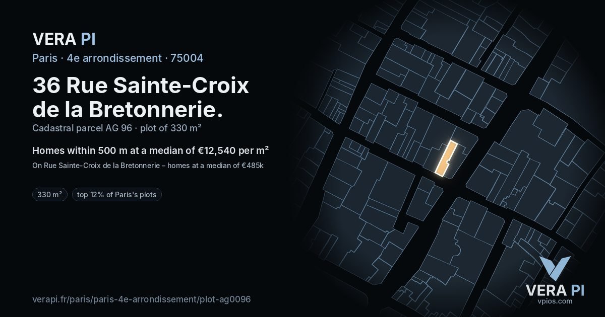 36 Rue Sainte-Croix de la Bretonnerie, 4e arrondissement at night – the plot lit, the parcels around coloured by the prices near them