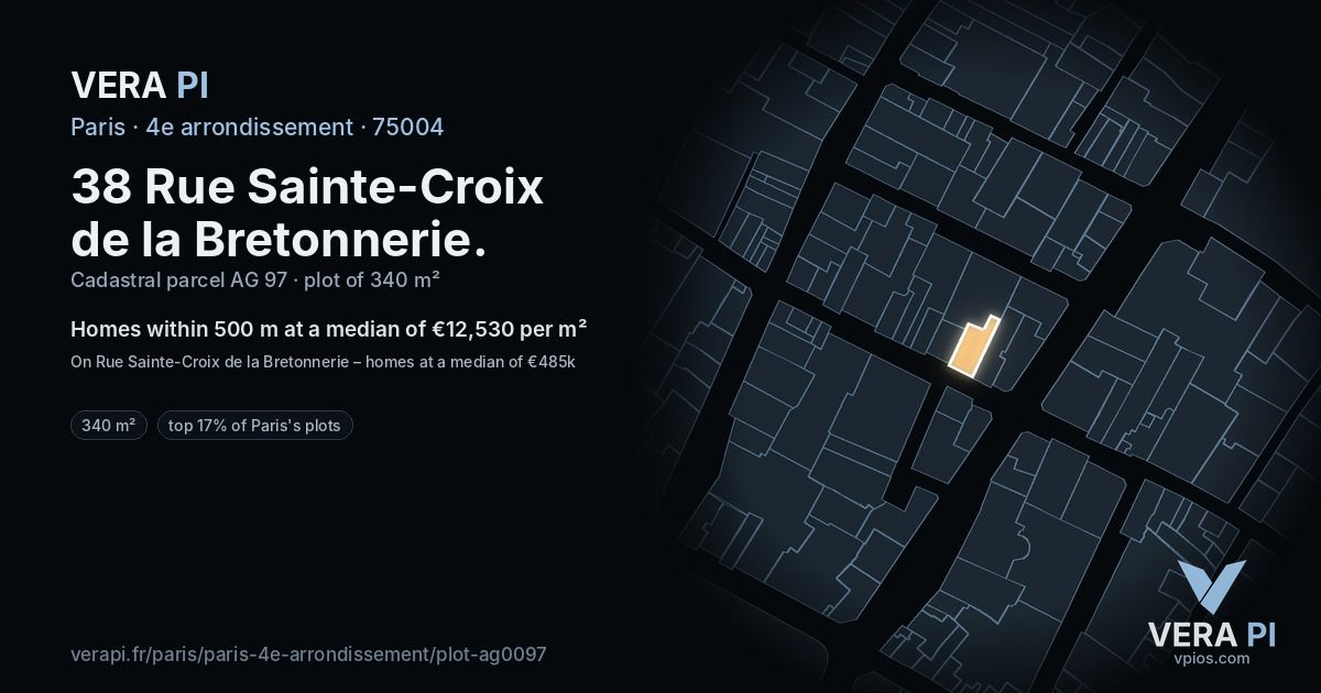 38 Rue Sainte-Croix de la Bretonnerie, 4e arrondissement at night – the plot lit, the parcels around coloured by the prices near them