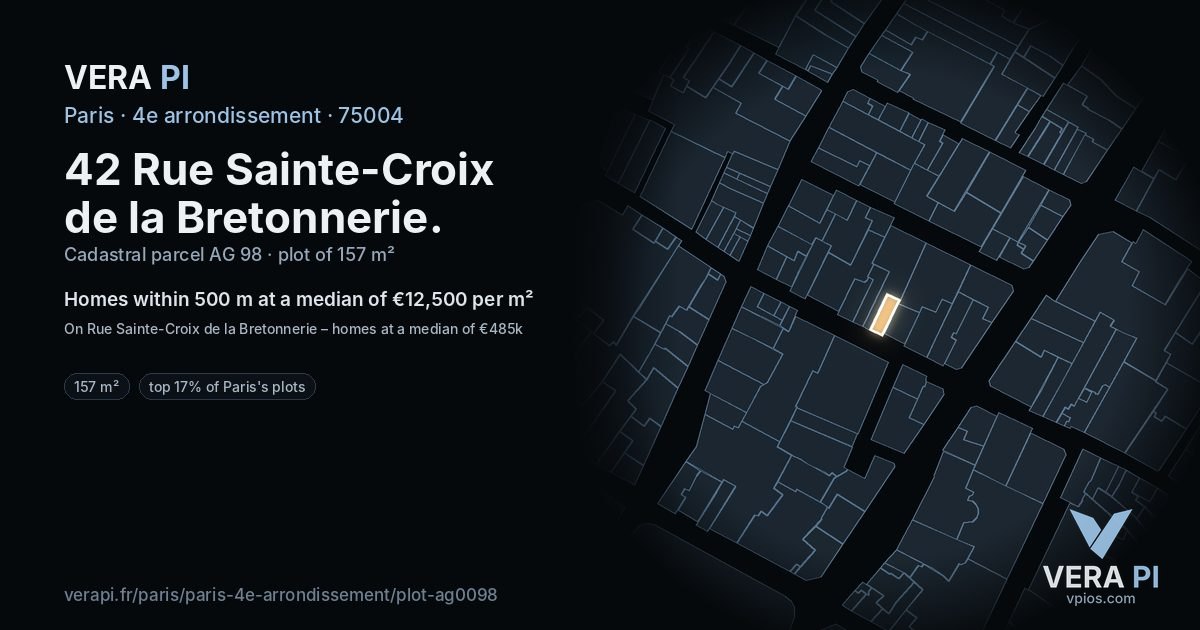 42 Rue Sainte-Croix de la Bretonnerie, 4e arrondissement at night – the plot lit, the parcels around coloured by the prices near them