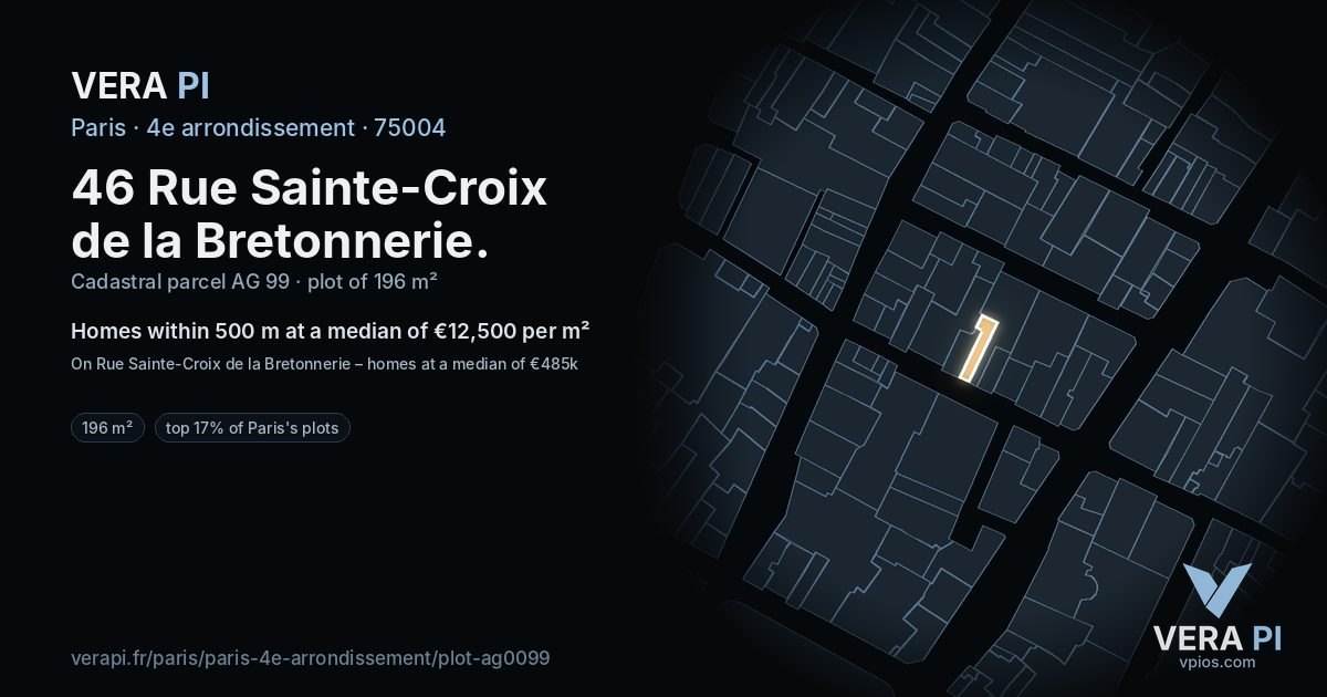 46 Rue Sainte-Croix de la Bretonnerie, 4e arrondissement at night – the plot lit, the parcels around coloured by the prices near them