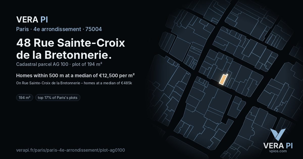 48 Rue Sainte-Croix de la Bretonnerie, 4e arrondissement at night – the plot lit, the parcels around coloured by the prices near them