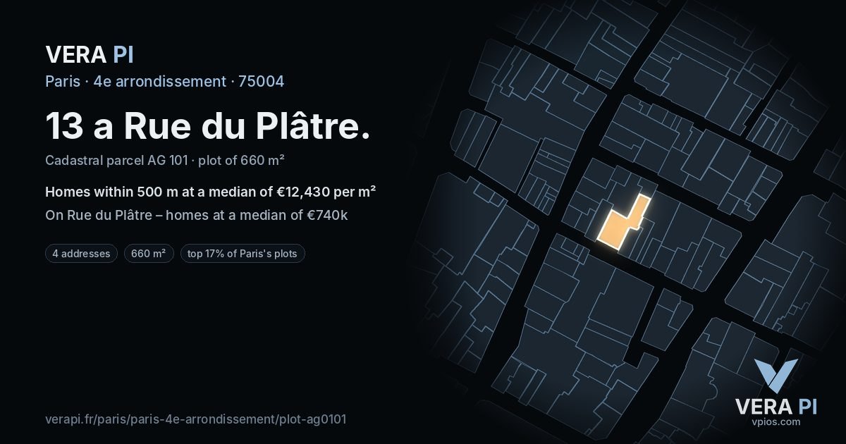 13 a Rue du Plâtre, 4e arrondissement at night – the plot lit, the parcels around coloured by the prices near them
