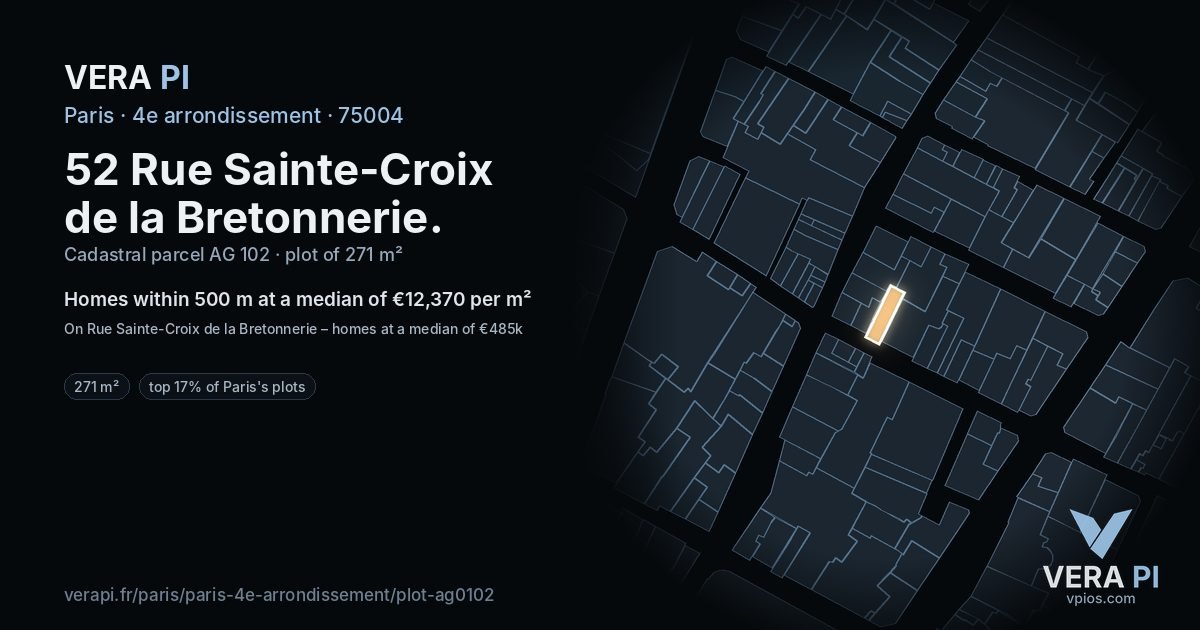 52 Rue Sainte-Croix de la Bretonnerie, 4e arrondissement at night – the plot lit, the parcels around coloured by the prices near them