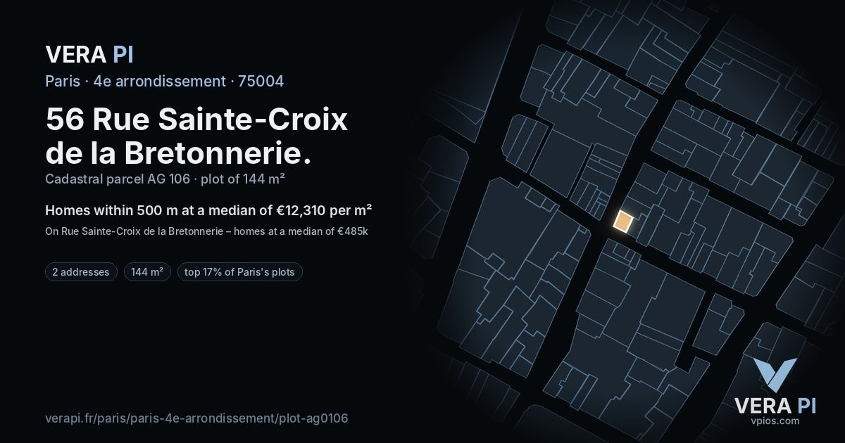 56 Rue Sainte-Croix de la Bretonnerie, 4e arrondissement at night – the plot lit, the parcels around coloured by the prices near them