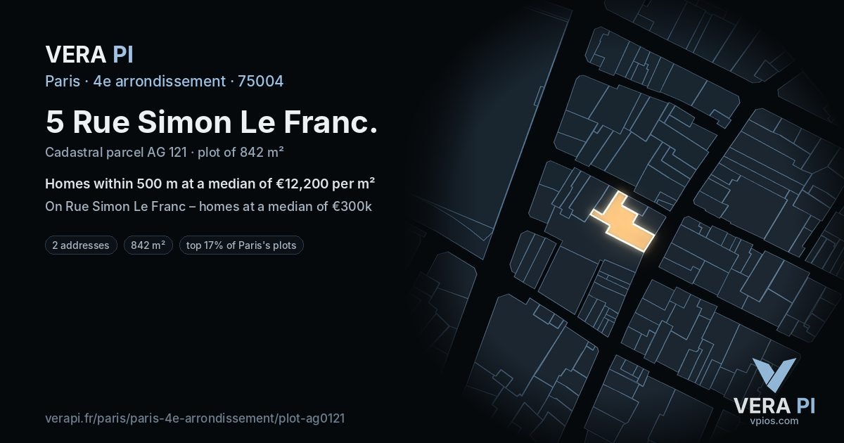 5 Rue Simon Le Franc, 4e arrondissement at night – the plot lit, the parcels around coloured by the prices near them