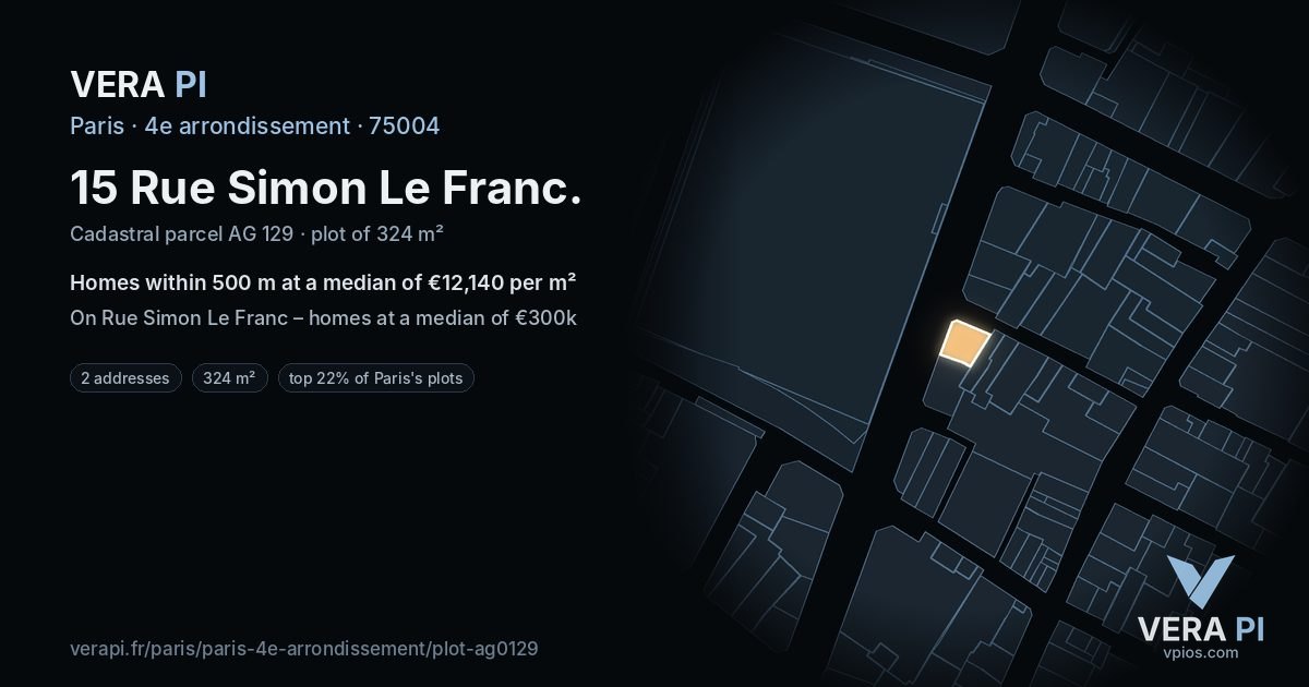15 Rue Simon Le Franc, 4e arrondissement at night – the plot lit, the parcels around coloured by the prices near them