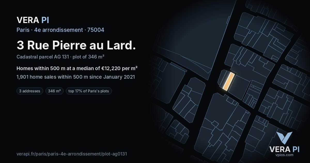3 Rue Pierre au Lard, 4e arrondissement at night – the plot lit, the parcels around coloured by the prices near them