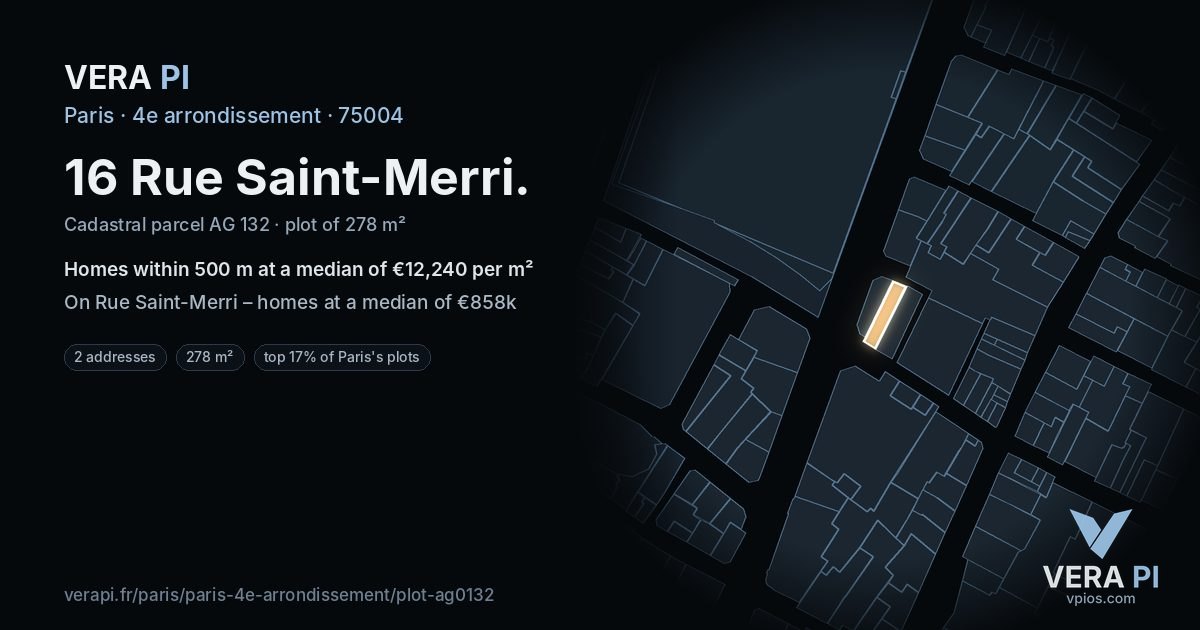 16 Rue Saint-Merri, 4e arrondissement at night – the plot lit, the parcels around coloured by the prices near them
