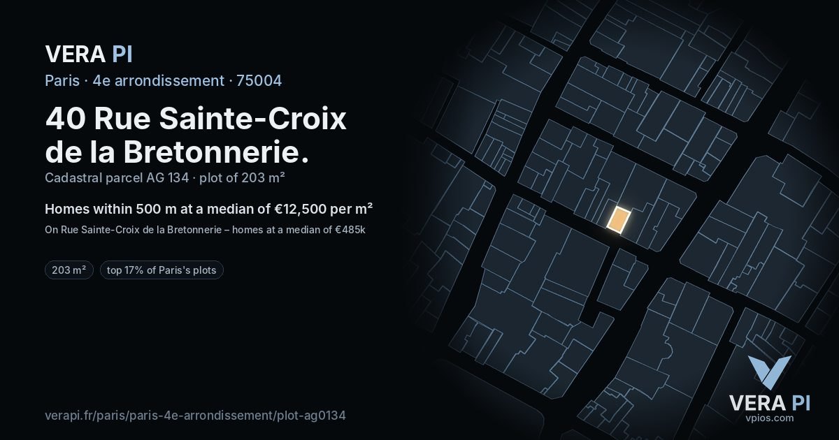 40 Rue Sainte-Croix de la Bretonnerie, 4e arrondissement at night – the plot lit, the parcels around coloured by the prices near them