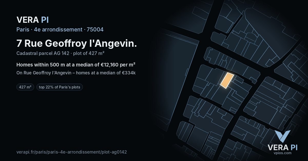7 Rue Geoffroy l'Angevin, 4e arrondissement at night – the plot lit, the parcels around coloured by the prices near them