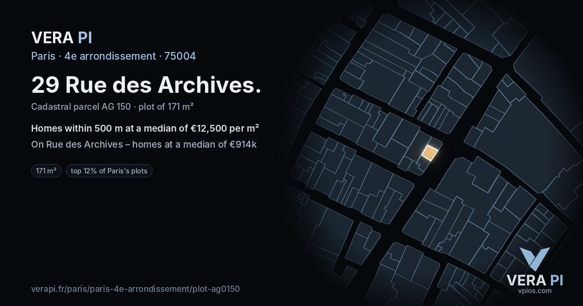 29 Rue des Archives, 4e arrondissement at night – the plot lit, the parcels around coloured by the prices near them