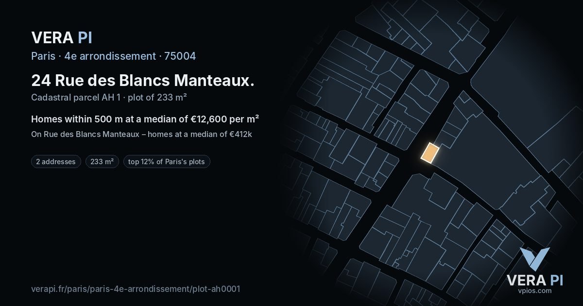 24 Rue des Blancs Manteaux, 4e arrondissement at night – the plot lit, the parcels around coloured by the prices near them