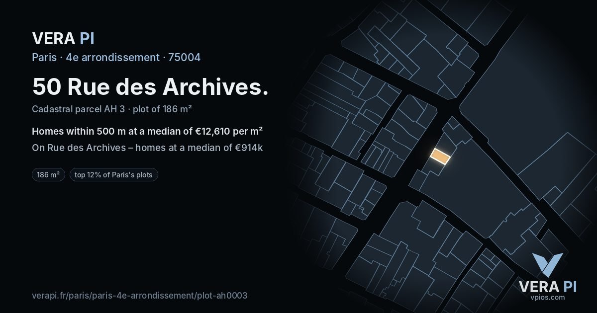 50 Rue des Archives, 4e arrondissement at night – the plot lit, the parcels around coloured by the prices near them