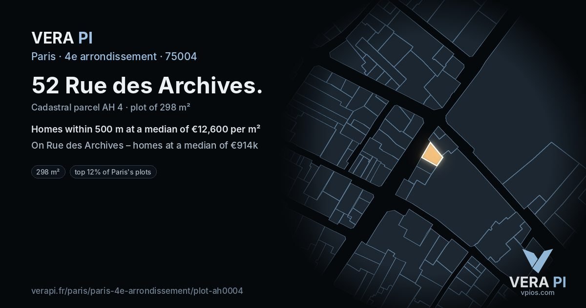 52 Rue des Archives, 4e arrondissement at night – the plot lit, the parcels around coloured by the prices near them