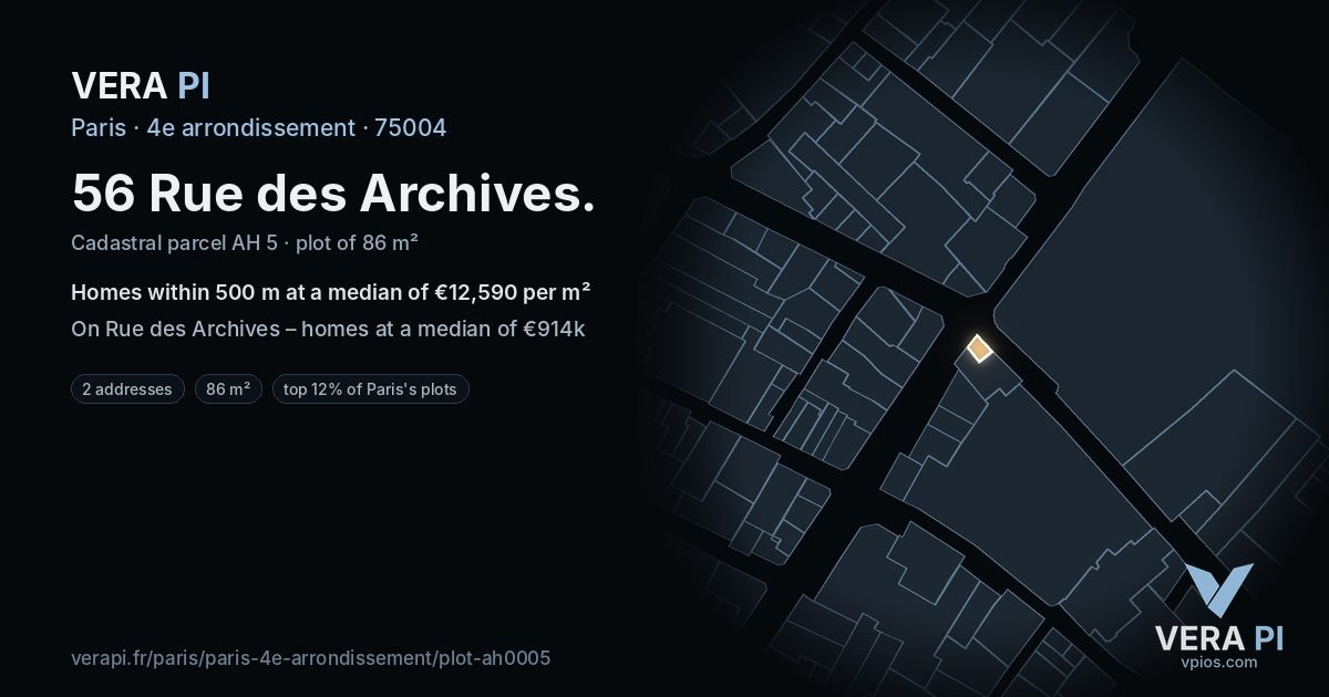56 Rue des Archives, 4e arrondissement at night – the plot lit, the parcels around coloured by the prices near them