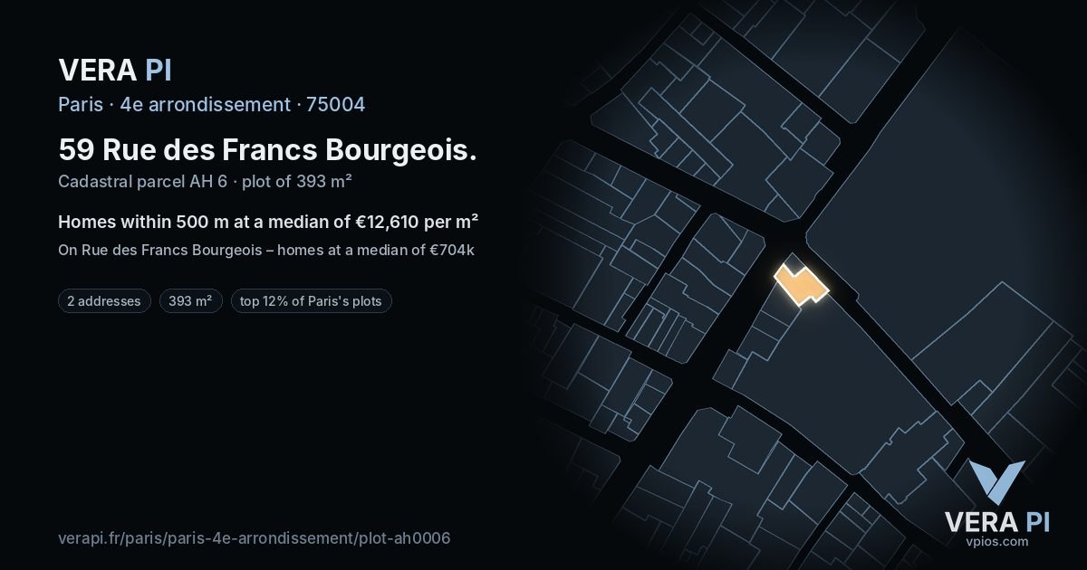 59 Rue des Francs Bourgeois, 4e arrondissement at night – the plot lit, the parcels around coloured by the prices near them