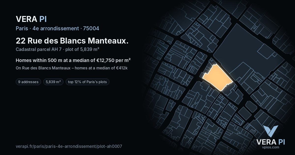 22 Rue des Blancs Manteaux, 4e arrondissement at night – the plot lit, the parcels around coloured by the prices near them