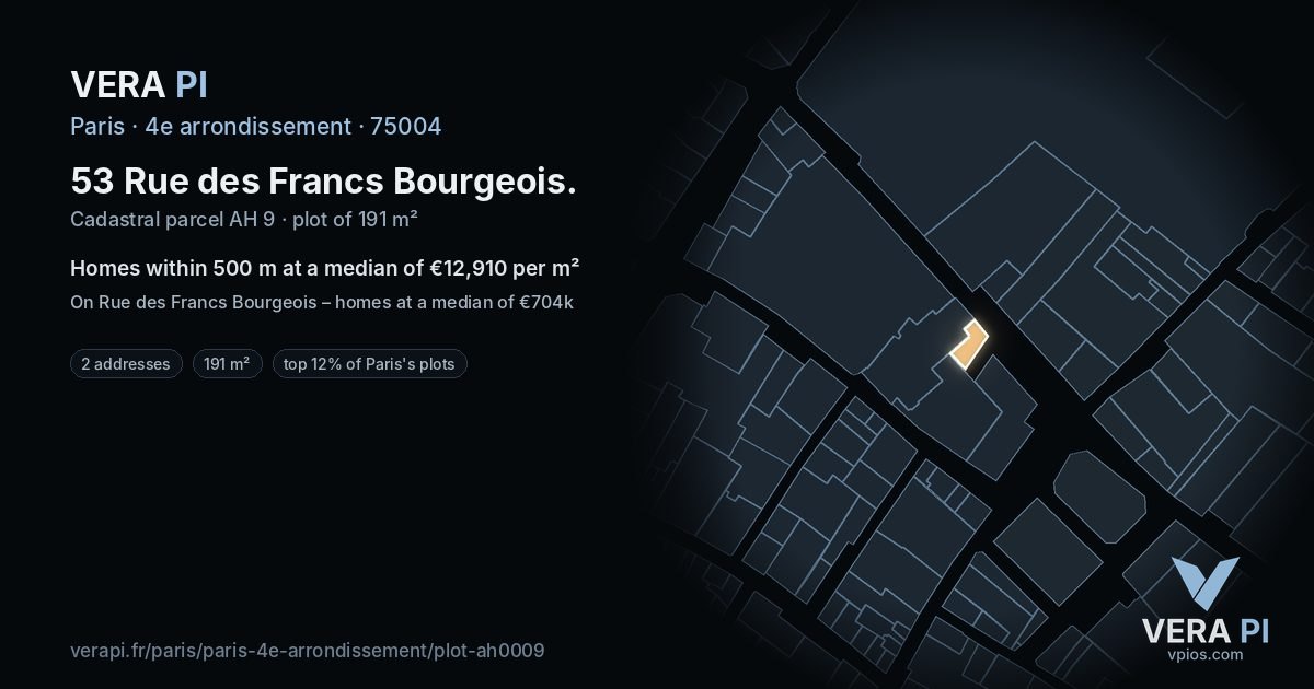 53 Rue des Francs Bourgeois, 4e arrondissement at night – the plot lit, the parcels around coloured by the prices near them