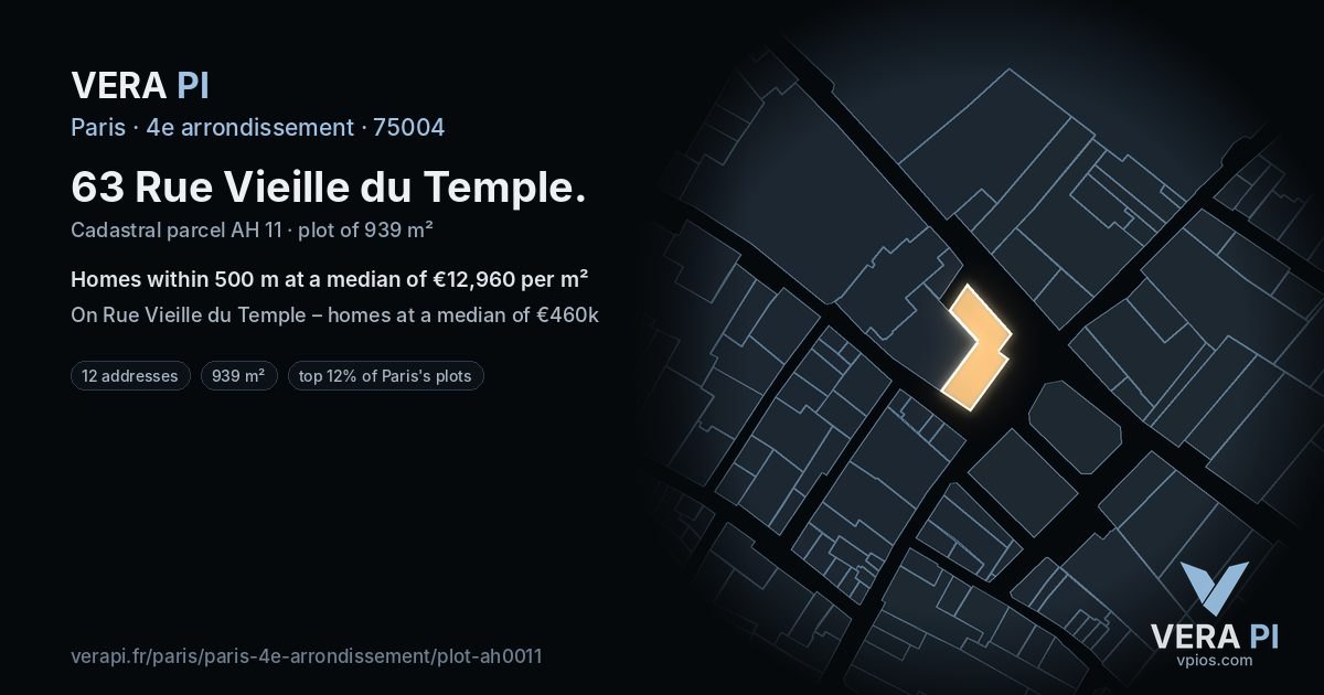 63 Rue Vieille du Temple, 4e arrondissement at night – the plot lit, the parcels around coloured by the prices near them