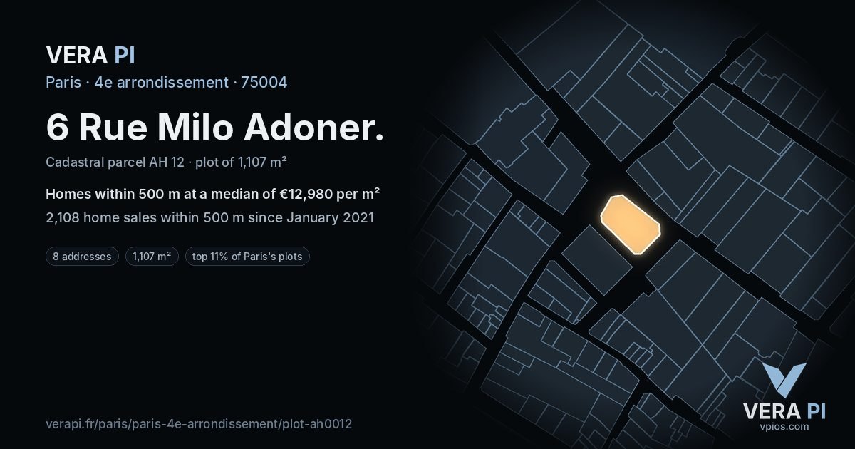 6 Rue Milo Adoner, 4e arrondissement at night – the plot lit, the parcels around coloured by the prices near them