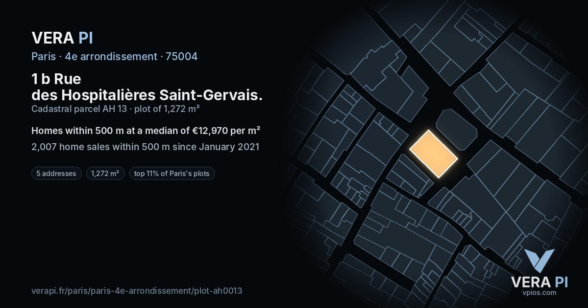 1 b Rue des Hospitalières Saint-Gervais, 4e arrondissement at night – the plot lit, the parcels around coloured by the prices near them