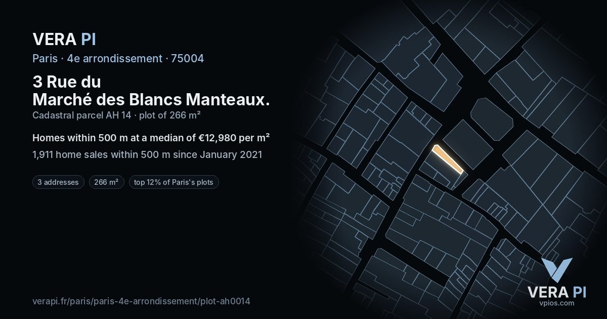 3 Rue du Marché des Blancs Manteaux, 4e arrondissement at night – the plot lit, the parcels around coloured by the prices near them