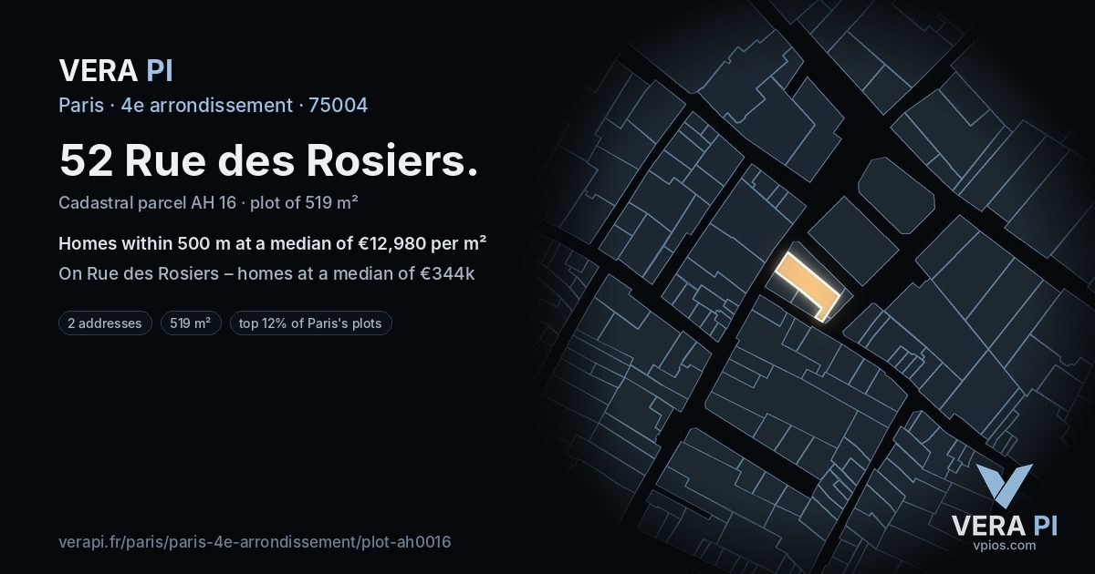 52 Rue des Rosiers, 4e arrondissement at night – the plot lit, the parcels around coloured by the prices near them