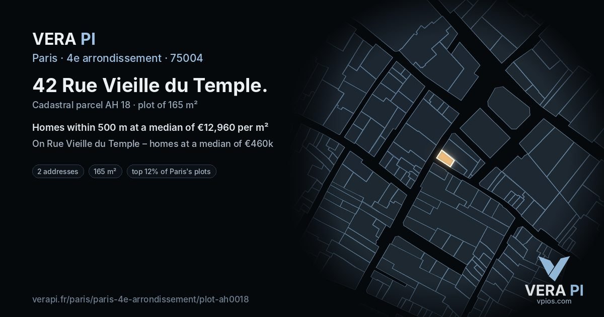 42 Rue Vieille du Temple, 4e arrondissement at night – the plot lit, the parcels around coloured by the prices near them