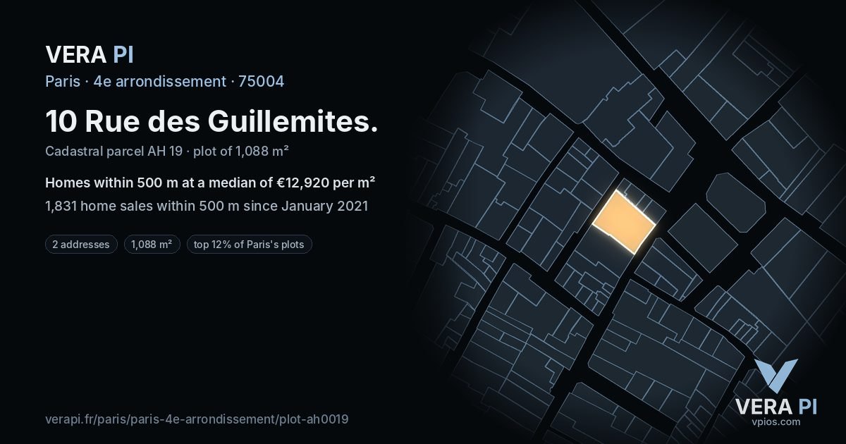 10 Rue des Guillemites, 4e arrondissement at night – the plot lit, the parcels around coloured by the prices near them