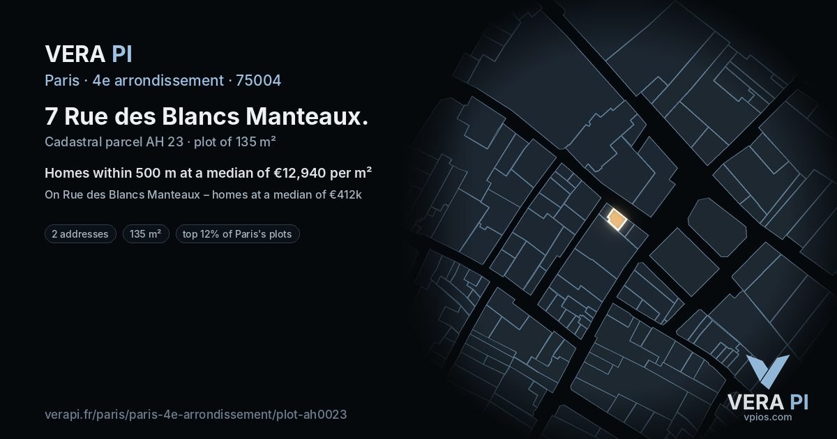 7 Rue des Blancs Manteaux, 4e arrondissement at night – the plot lit, the parcels around coloured by the prices near them