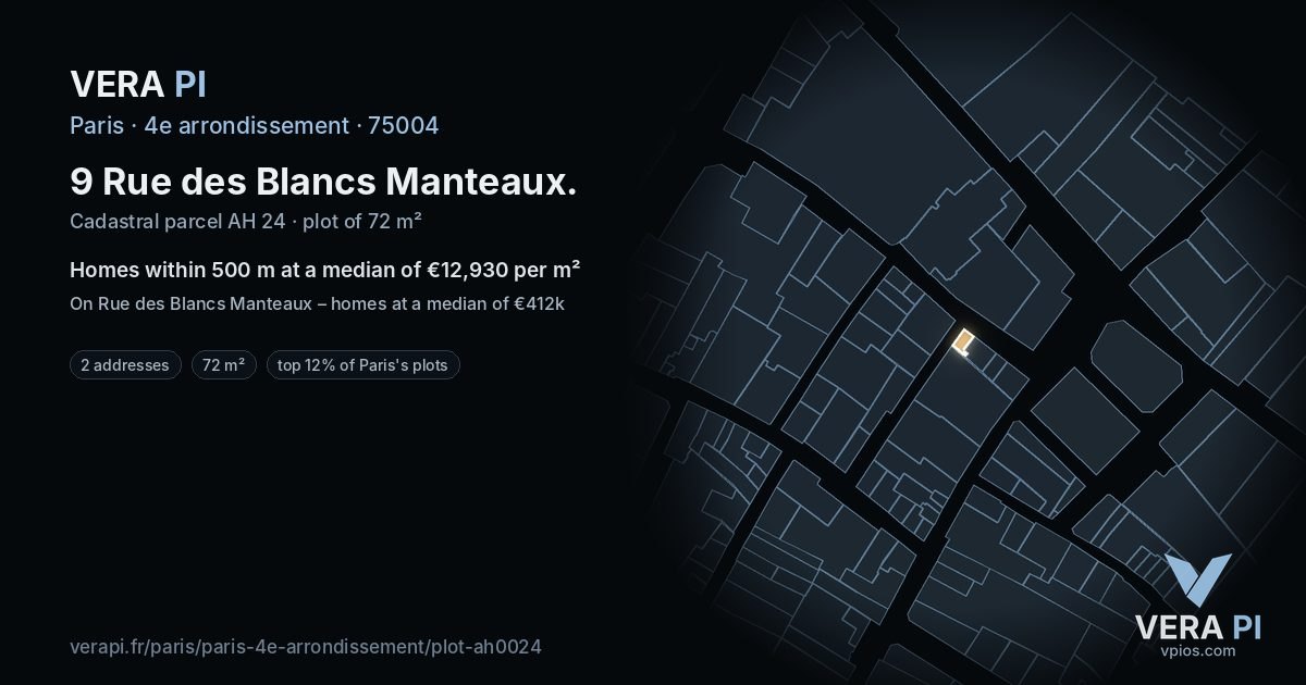 9 Rue des Blancs Manteaux, 4e arrondissement at night – the plot lit, the parcels around coloured by the prices near them