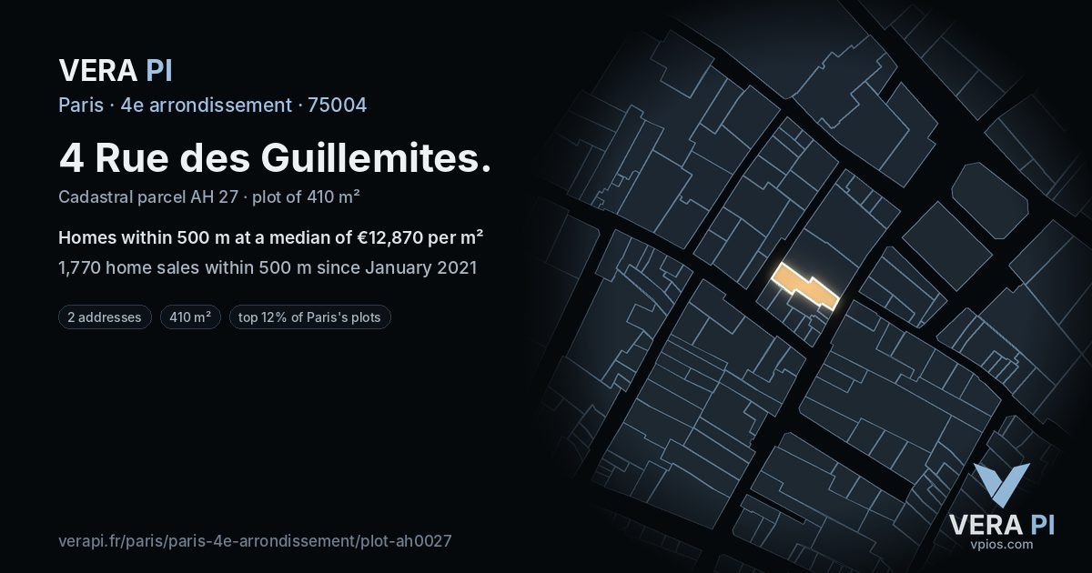 4 Rue des Guillemites, 4e arrondissement at night – the plot lit, the parcels around coloured by the prices near them
