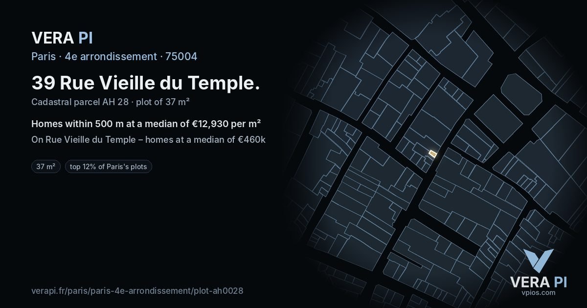 39 Rue Vieille du Temple, 4e arrondissement at night – the plot lit, the parcels around coloured by the prices near them