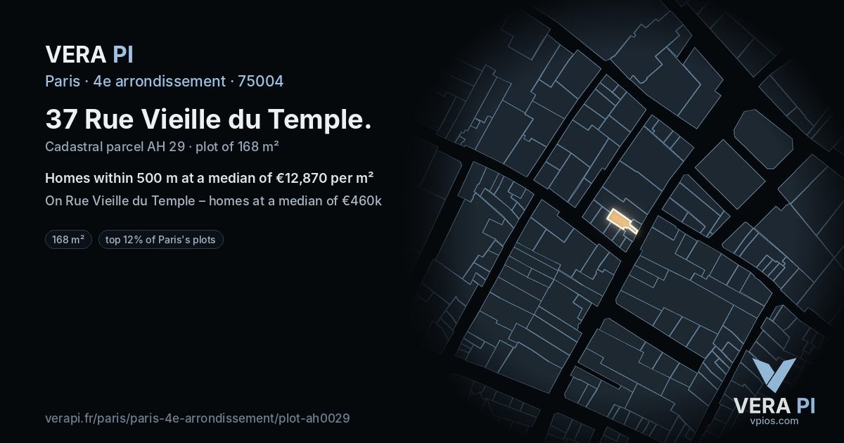 37 Rue Vieille du Temple, 4e arrondissement at night – the plot lit, the parcels around coloured by the prices near them
