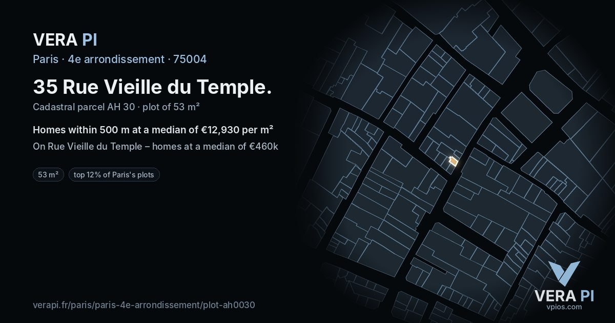 35 Rue Vieille du Temple, 4e arrondissement at night – the plot lit, the parcels around coloured by the prices near them